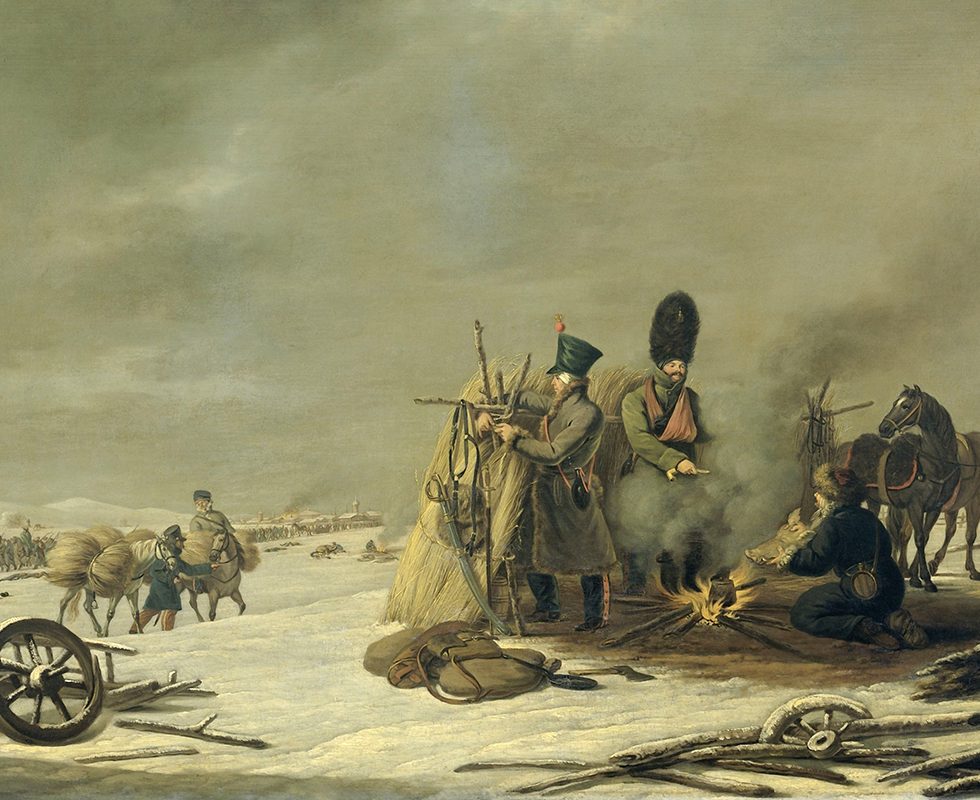Bivouac à Molodetschno dans la nuit du 3 au 4 décembre 1812 par Johannes Hari, peinture à l'huile hollandaise.. EVERETT COLLECTION